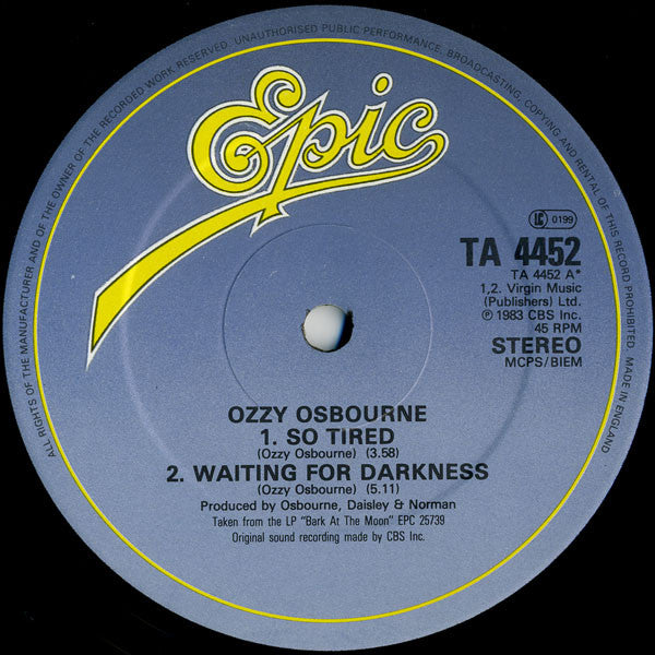 OZZY OSBOURNE - So Tired LP (Black Vinyl) (1984 Press)