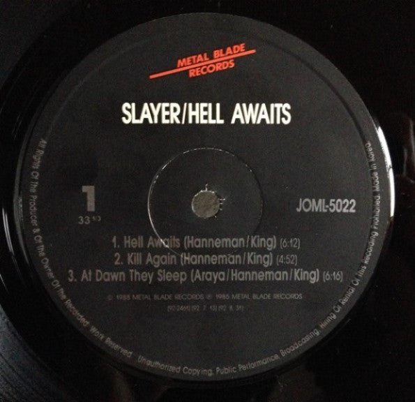 SLAYER - Hell Awaits LP (Black) (1992 South Korea Press)